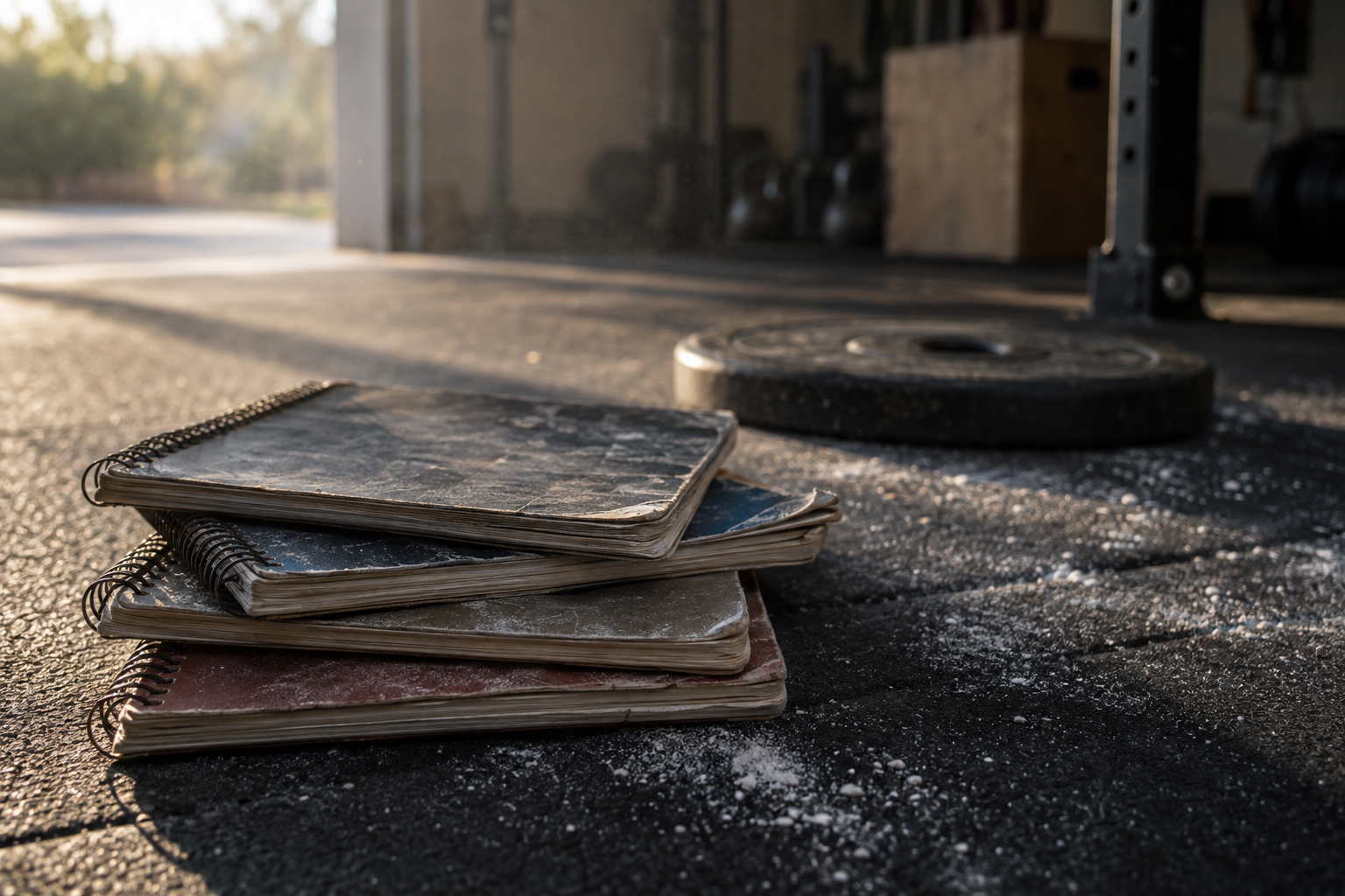 Stack of worn training notebooks and a chalk-dusted iron plate on a garage gym floor in morning light