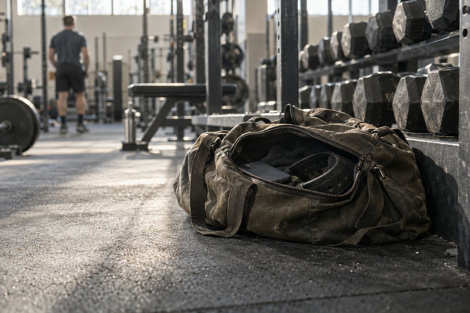 An unzipped canvas gym bag on a gym floor with a phone face-down inside, dumbbells blurred behind