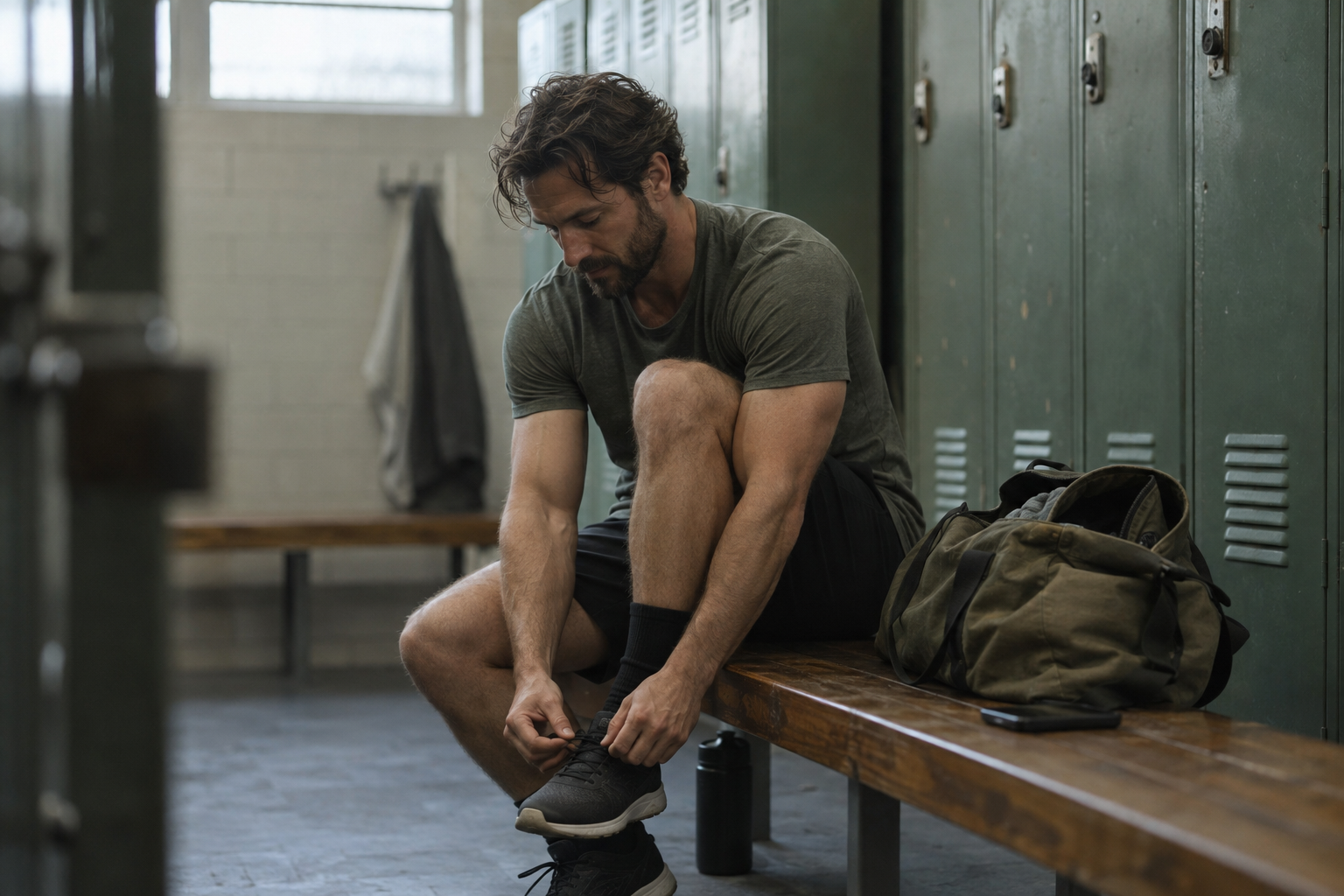 A lifter laces a shoe on a locker room bench, phone face down beside them, before training
