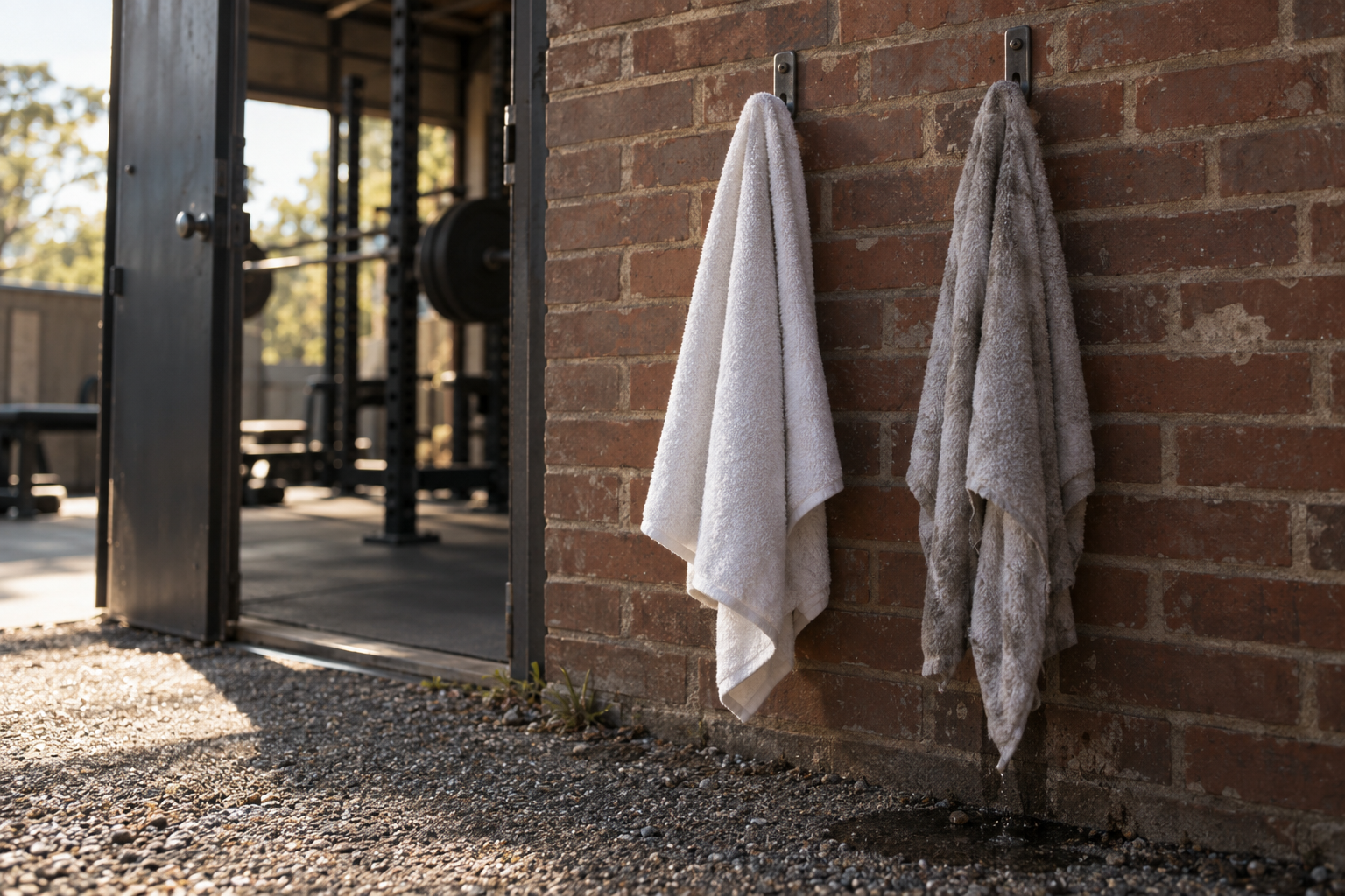 Two identical white gym towels on wall hooks outside a barbell club, one bone-dry, one soaked through