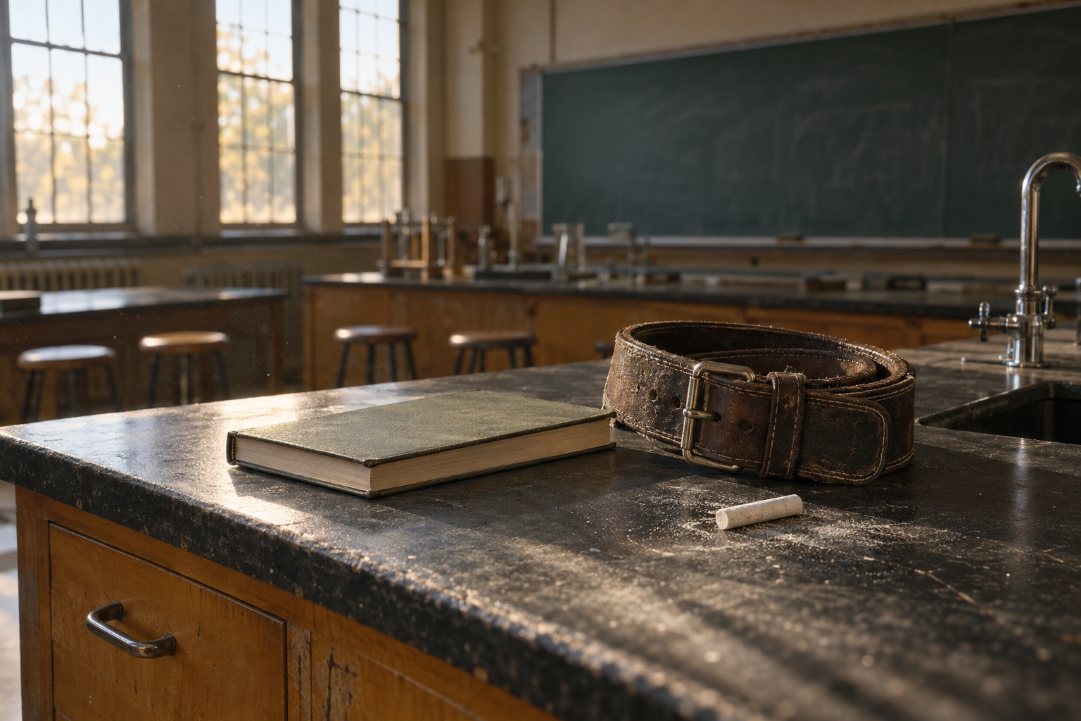 Closed notebook, coiled leather lifting belt and chalk stub on a sunlit slate school lab bench