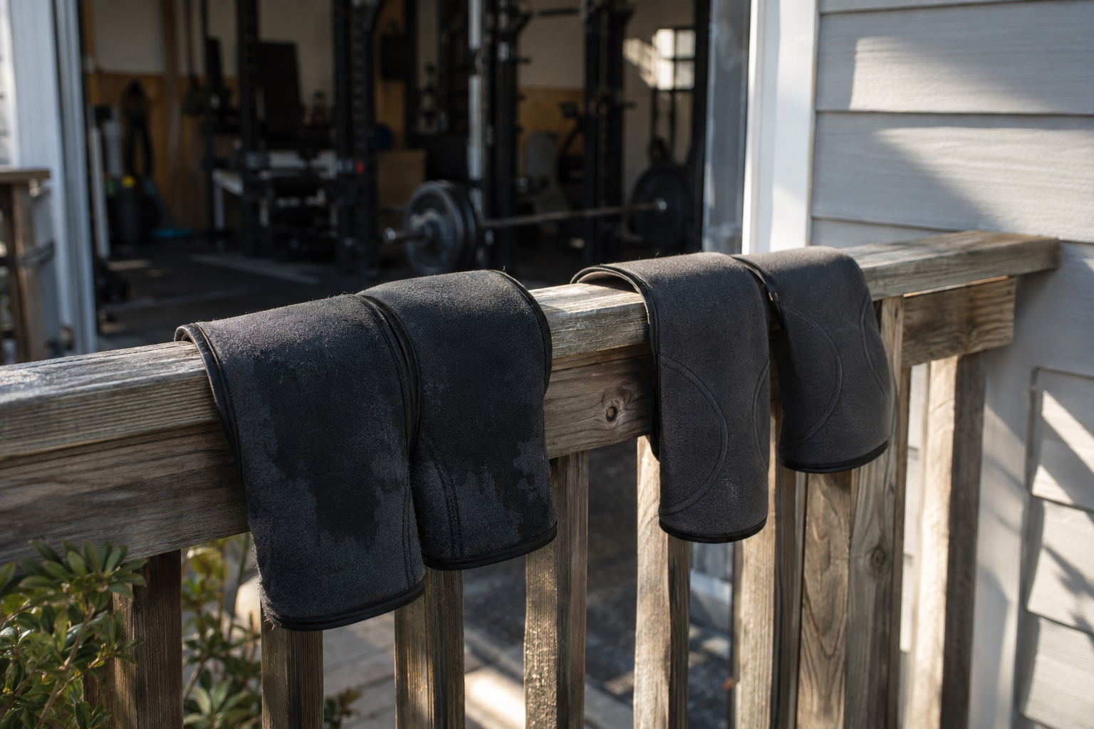 Sweat-soaked knee sleeves drying on a porch rail beside a dry pair outside an open garage gym door