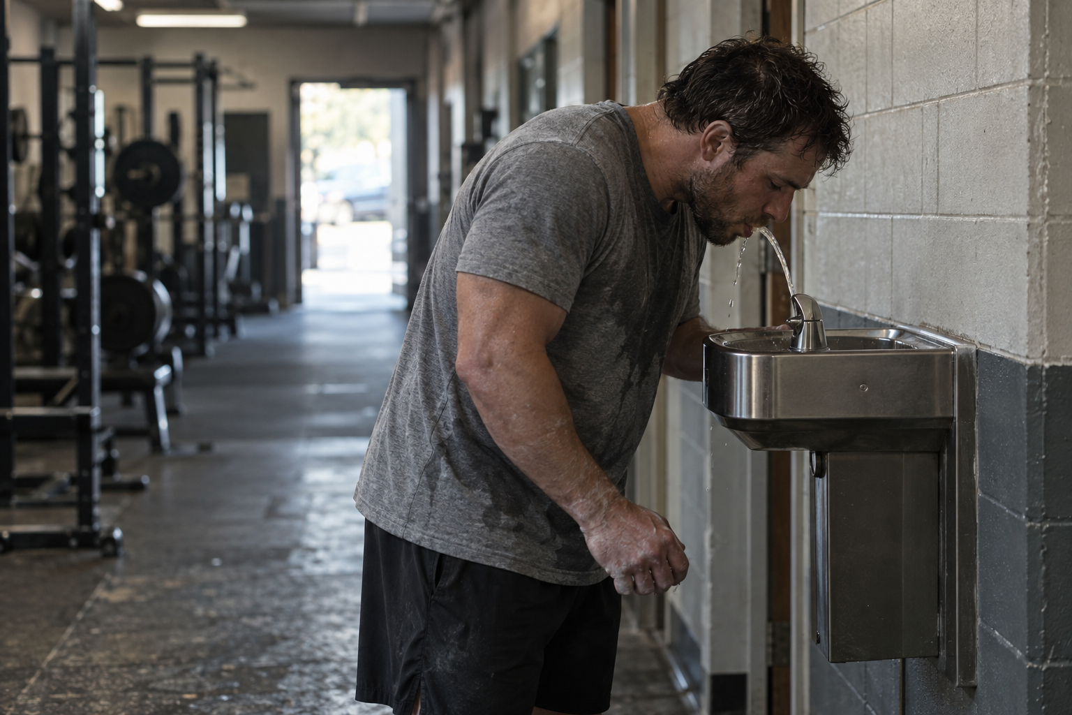 Sweat-soaked lifter drinking at a hallway water fountain in an old commercial gym after heavy sets