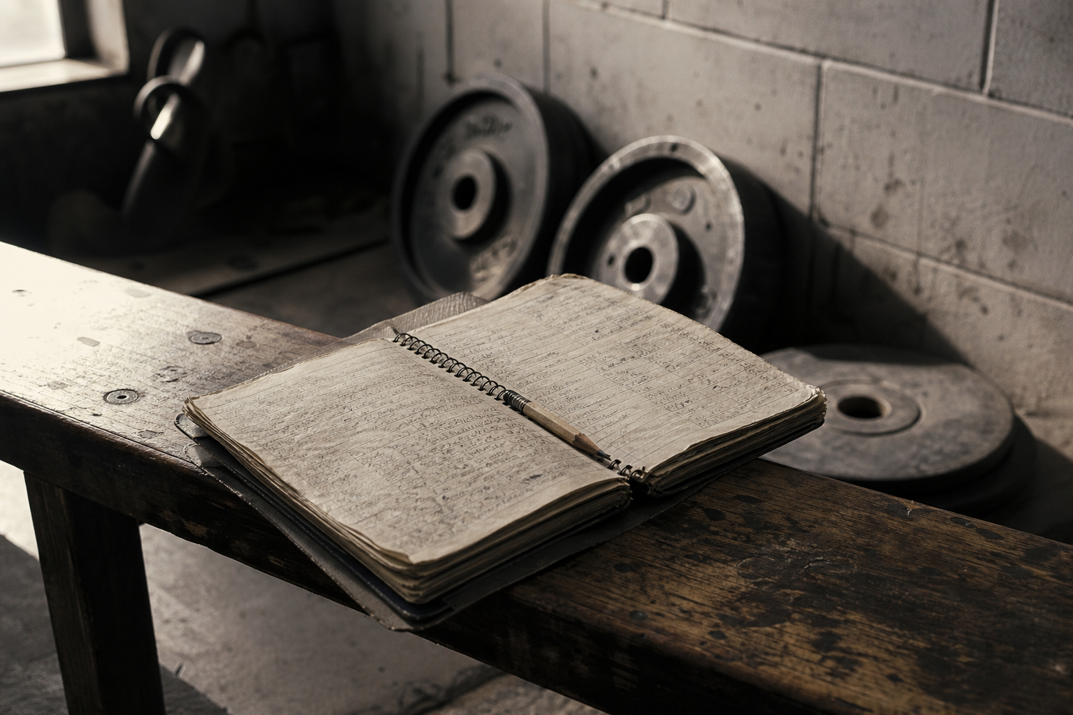 Worn training logbook open on a gym bench, iron plates blurred behind it, harsh side light, 1970s gym aesthetic