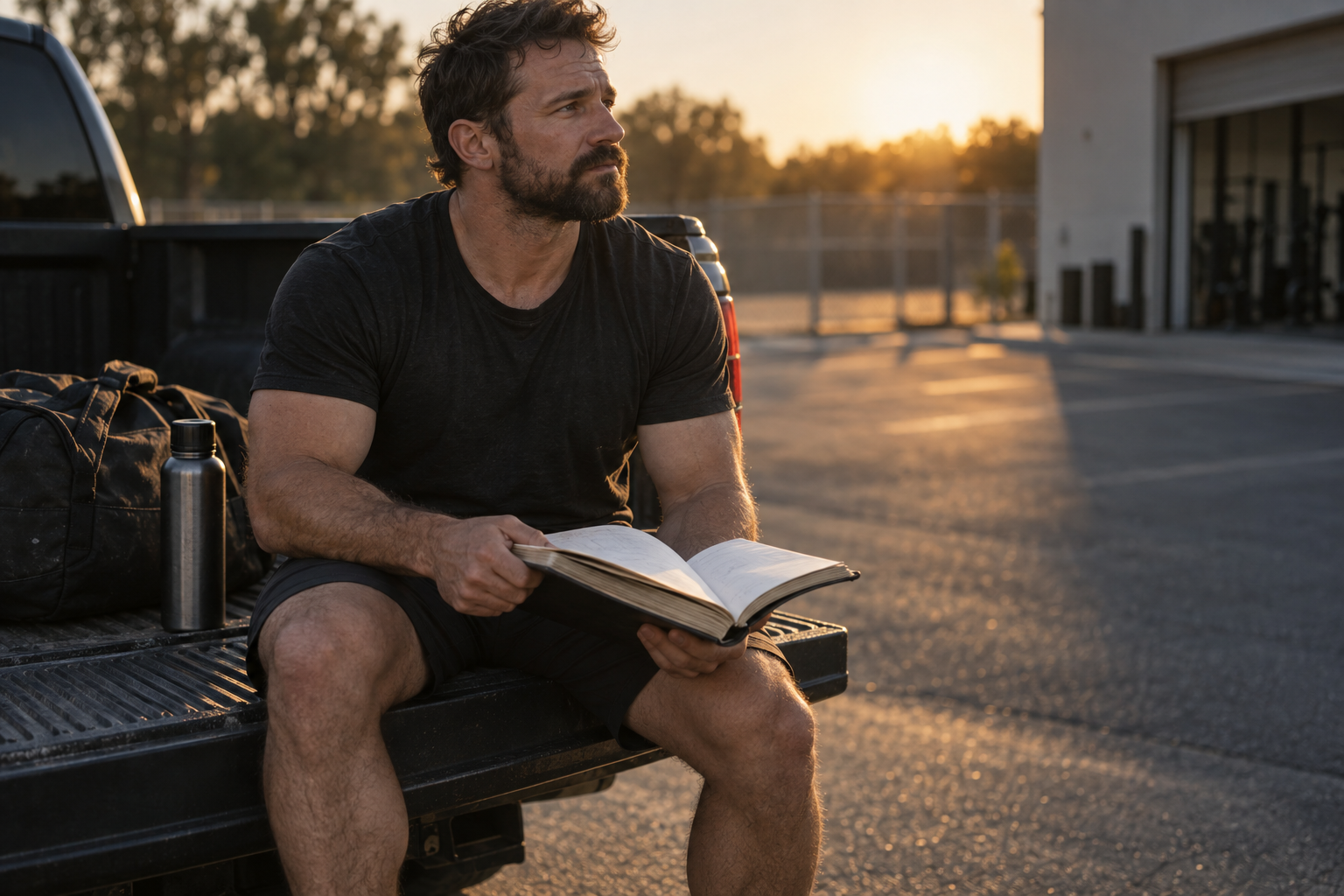 Lifter on a pickup tailgate at golden hour, thumbing back through years of a worn training logbook