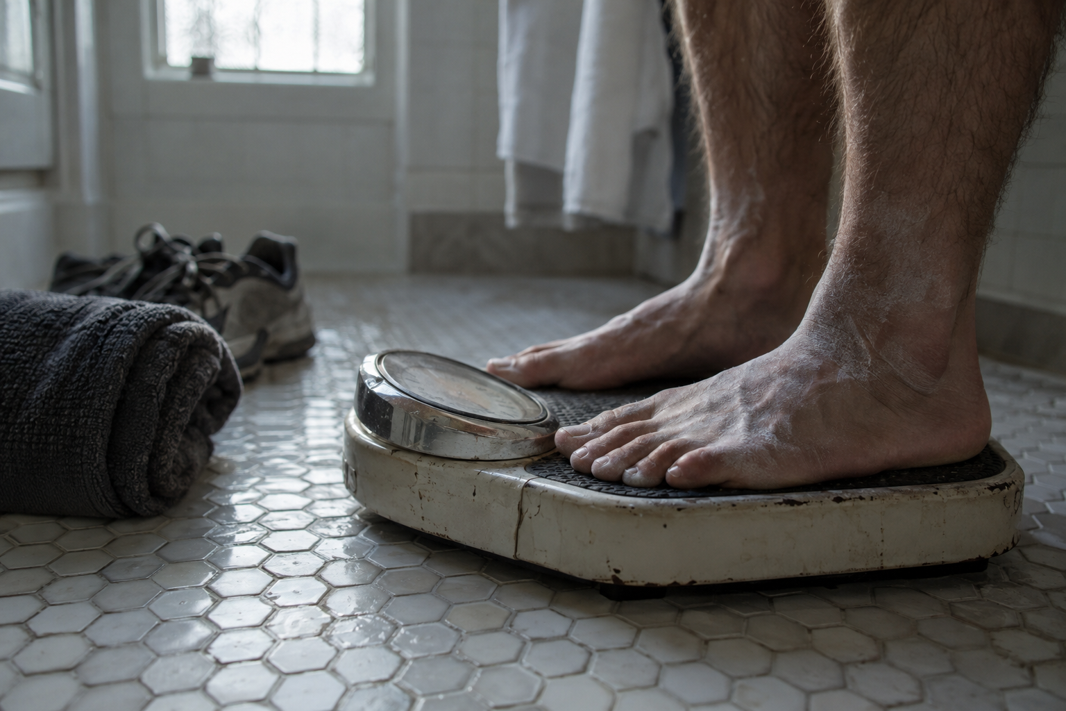 Bare chalk-dusted feet stepping onto a worn analog bathroom scale on tile in early morning light