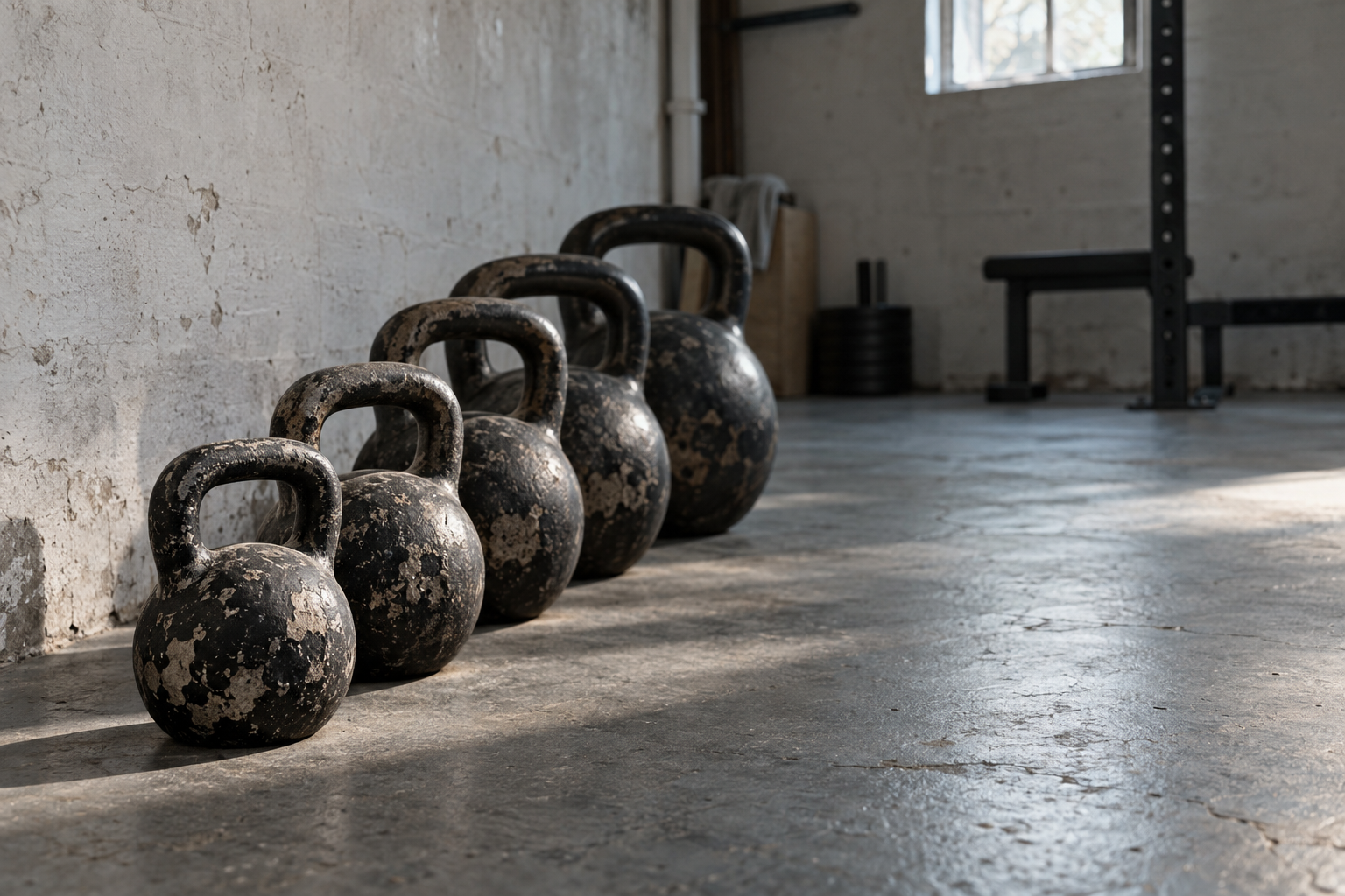 Five cast-iron kettlebells in a row, ascending in size across a basement gym floor in soft window light