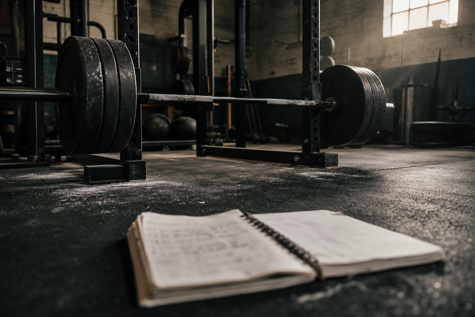 Loaded barbell in a dim powerlifting gym, worn training notebook open on chalk-dusted rubber flooring in the foreground.