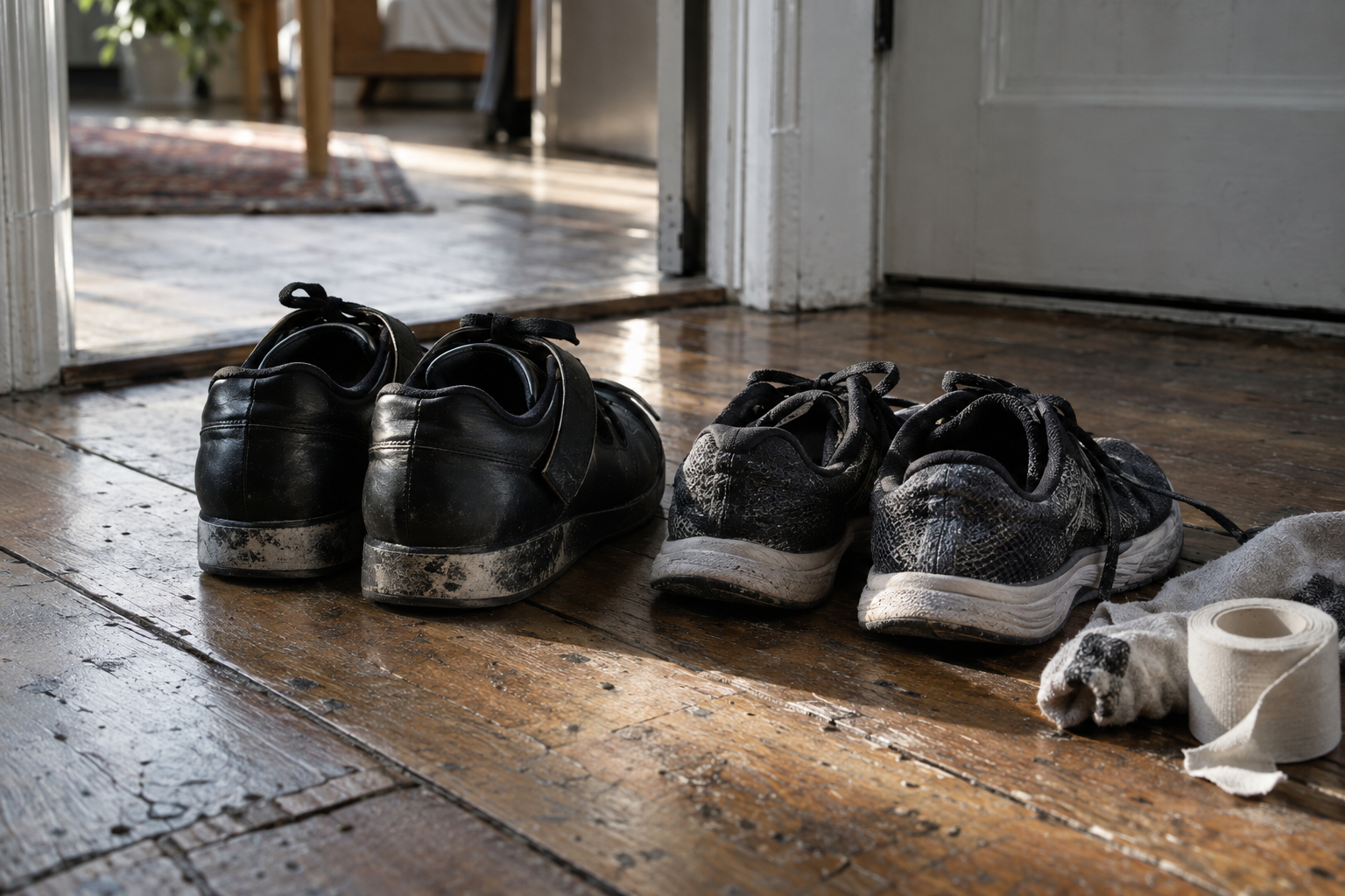 Worn flat-soled lifting shoes beside soft mesh trainers on an apartment floor in morning light