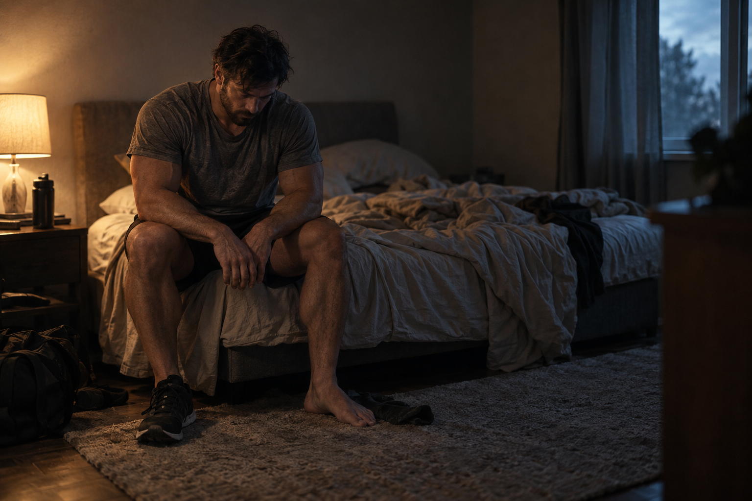 A depleted lifter sits on the edge of an unmade bed in training clothes under a single warm lamp