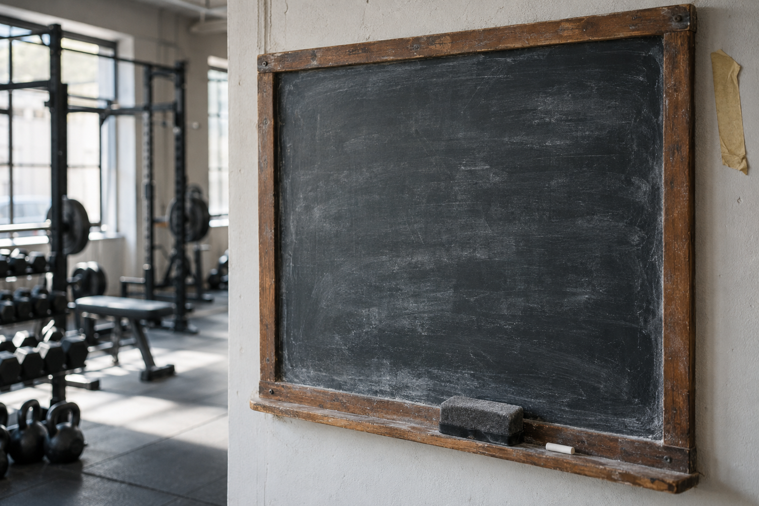 A wiped-clean slate gym record board with faint chalk ghosting, eraser and chalk stub on its ledge