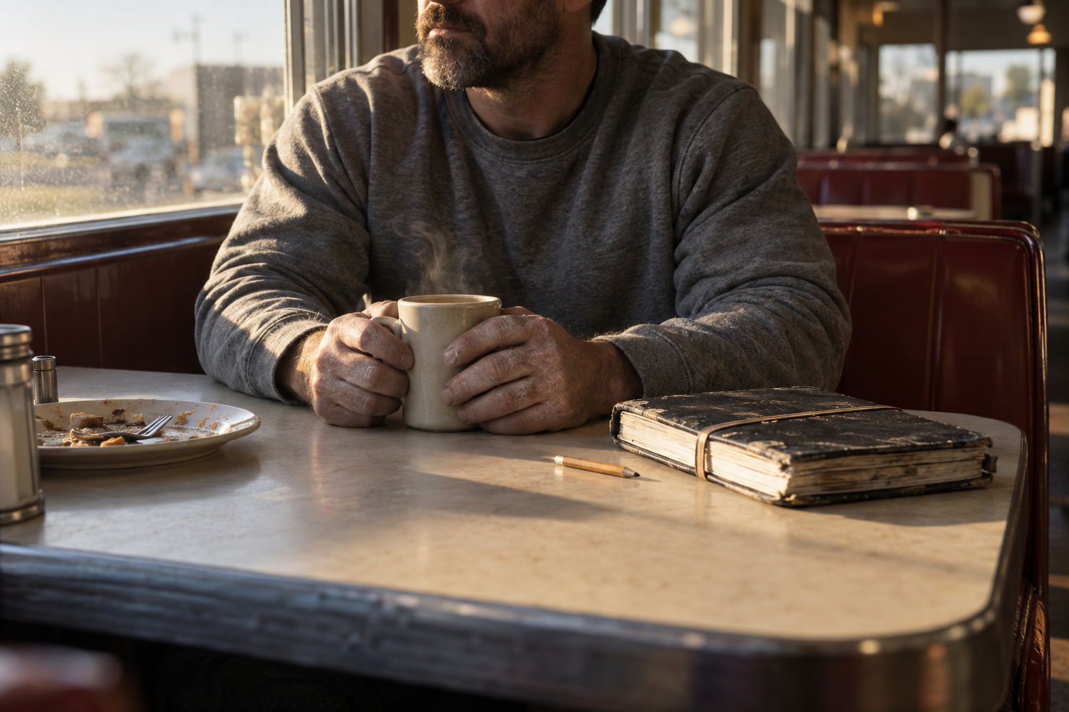 Lifter sits alone in a sunlit diner booth with coffee and a thick, well-worn training notebook closed on the table