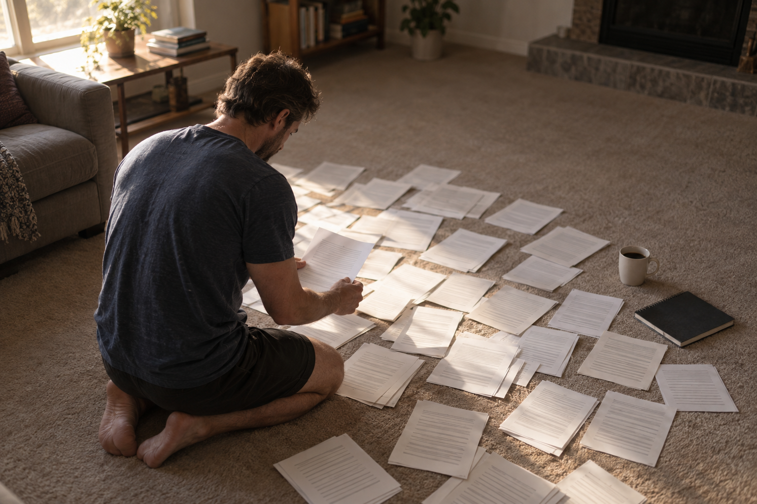 Lifter kneeling on a living room carpet, sorting dozens of loose printed training pages in afternoon light