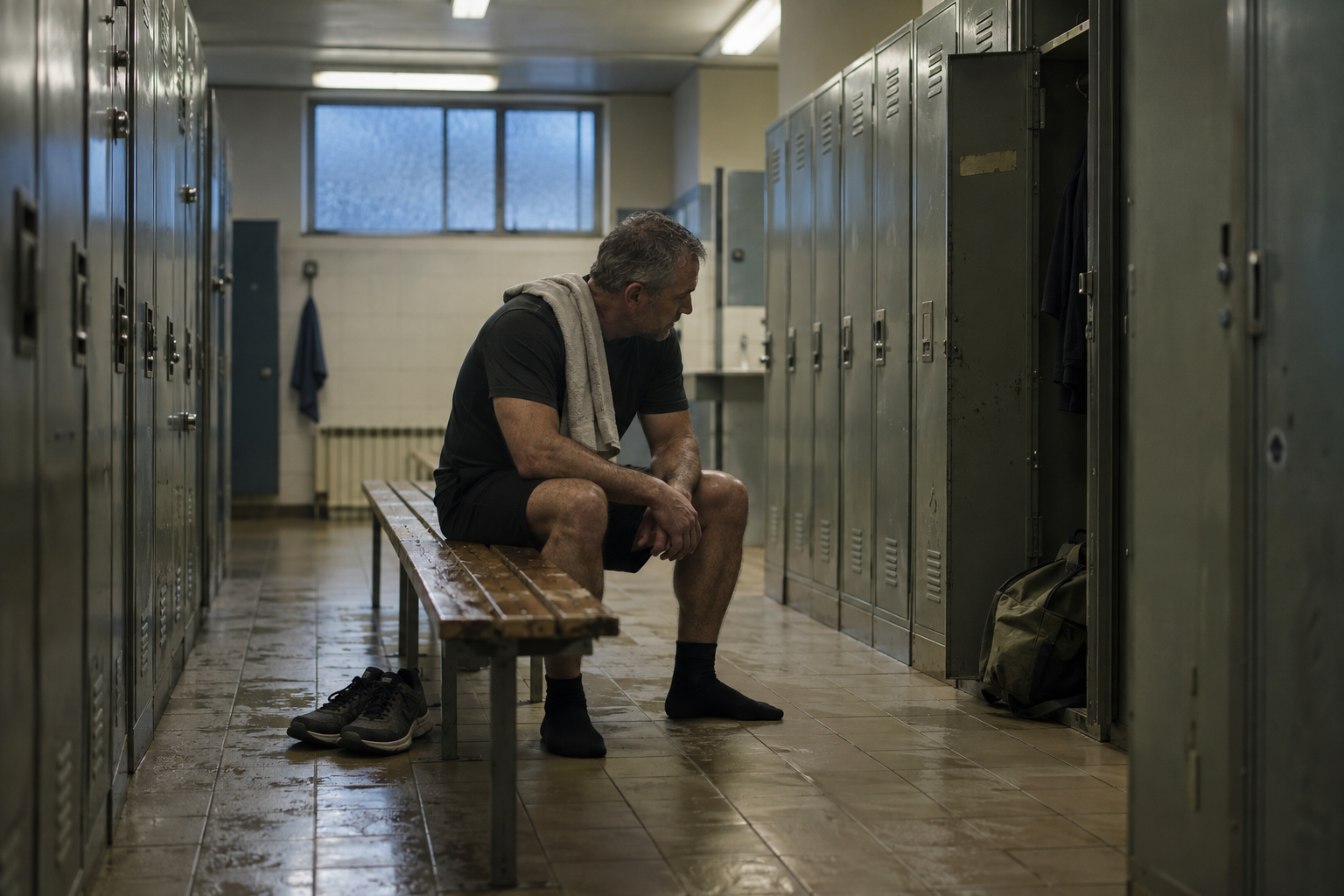 A lifter sits alone on a locker room bench at dusk, facing an open locker and gym bag