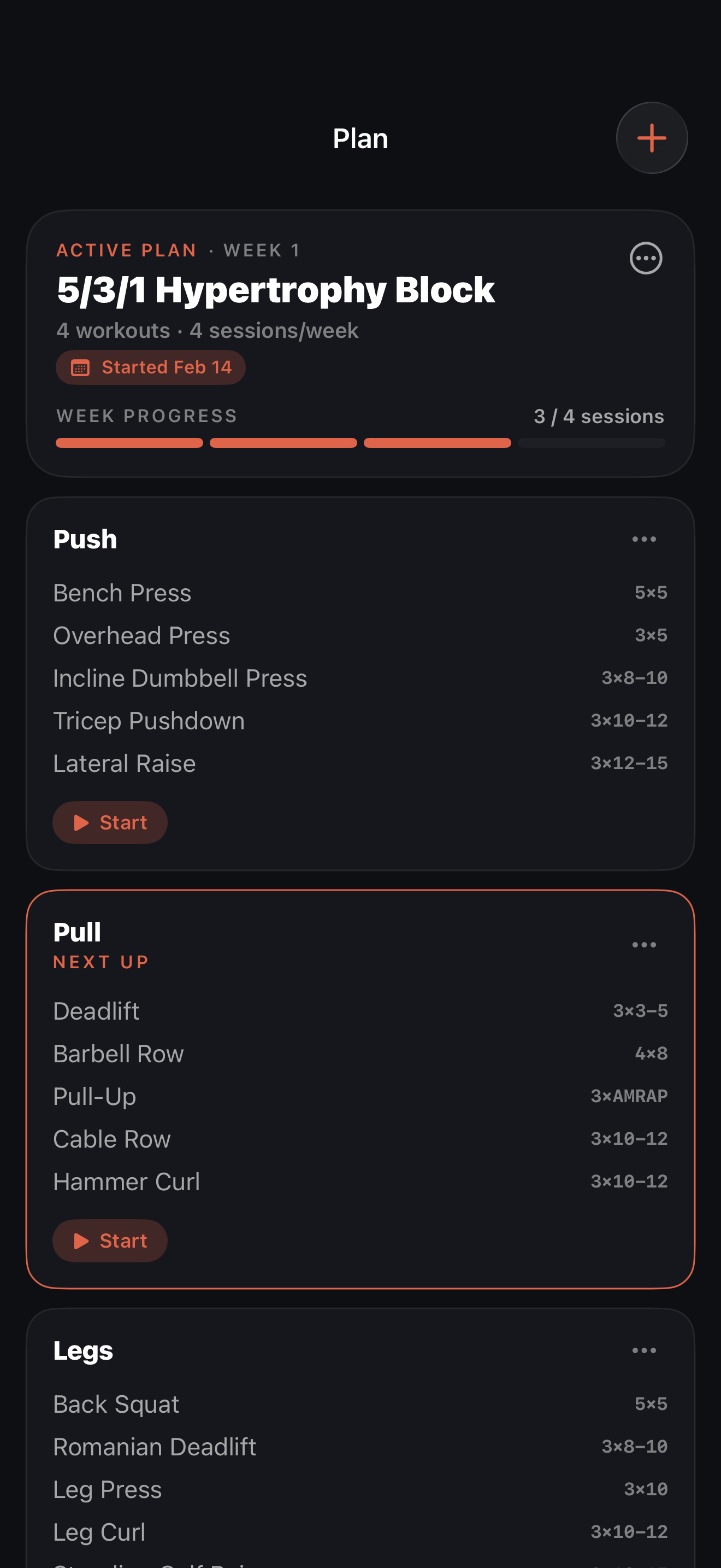 Platepusher Plan screen showing a parsed training plan